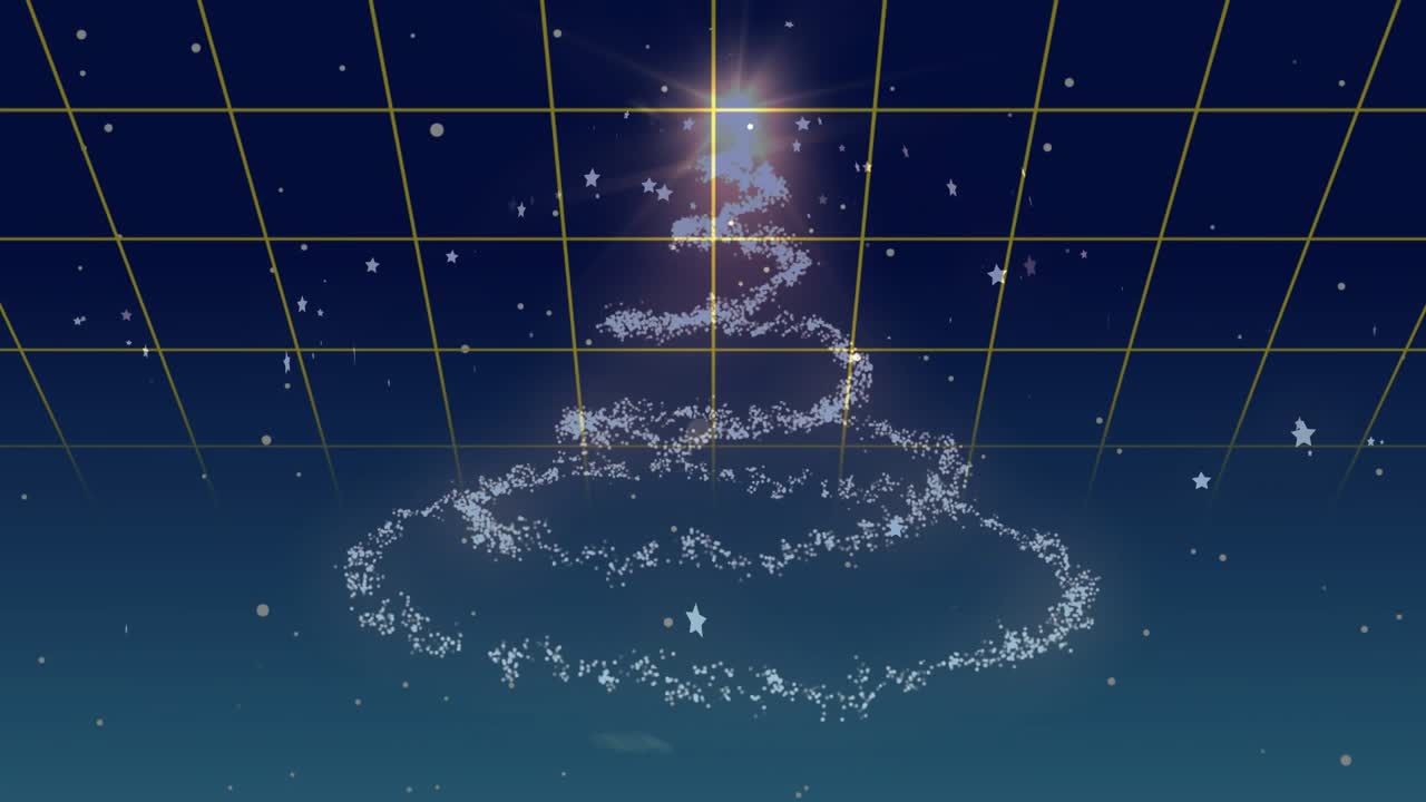 Bright point pulsing seeding stars stacking rings, collapsing into sparks showing flow on grid