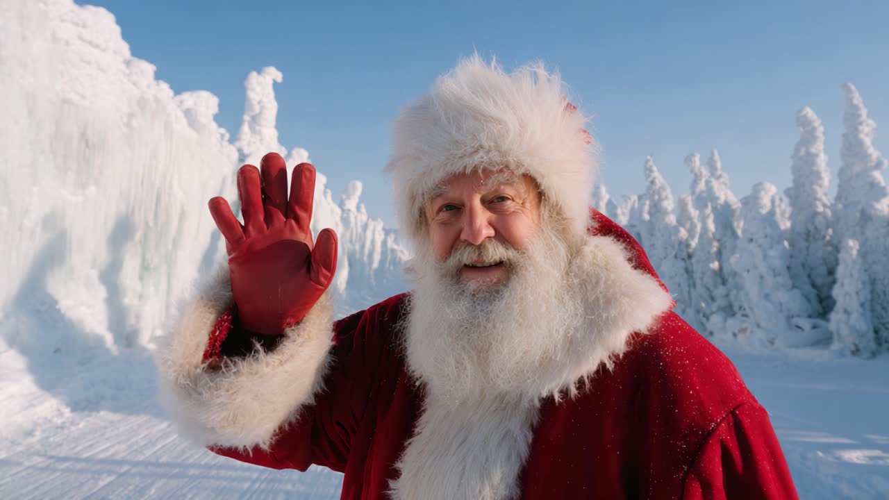 A jolly figure in a red coat and white beard joyfully waves amidst a stunning winter landscape adorned with snow-covered trees and icy formations, radiating festive cheer