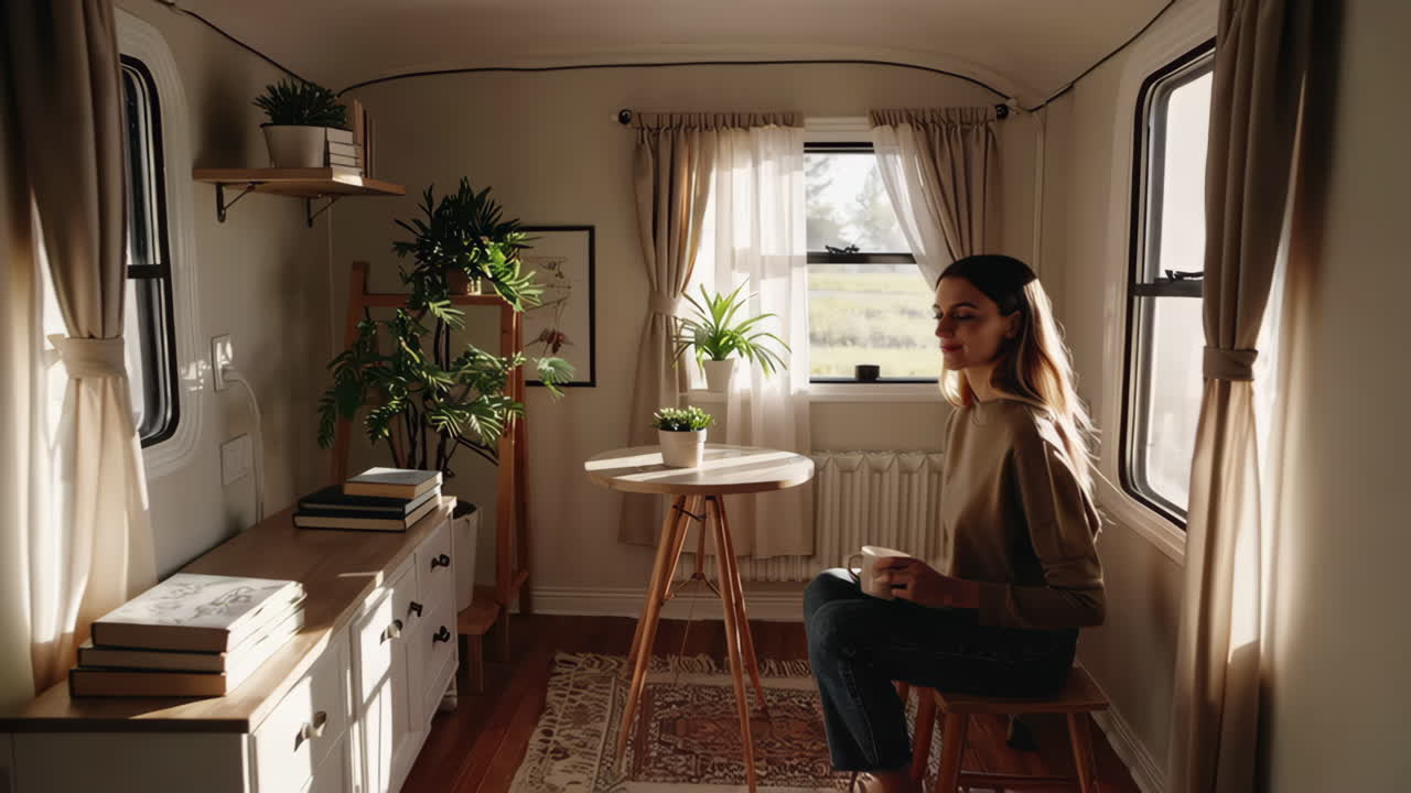 창문 에서 커피를 마시는 여자