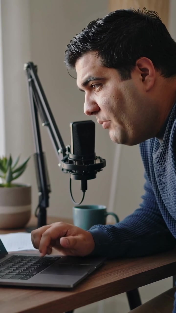 Video verticale: Uomo con maglione blu navy che registra, digita e si china verso il microfono in uno studio casalingo con un laptop.