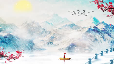 mysterious landscape china's traditional oriental digital art animation, chinese style ink landscape with falling snow and plum blossom animation special boat sun
