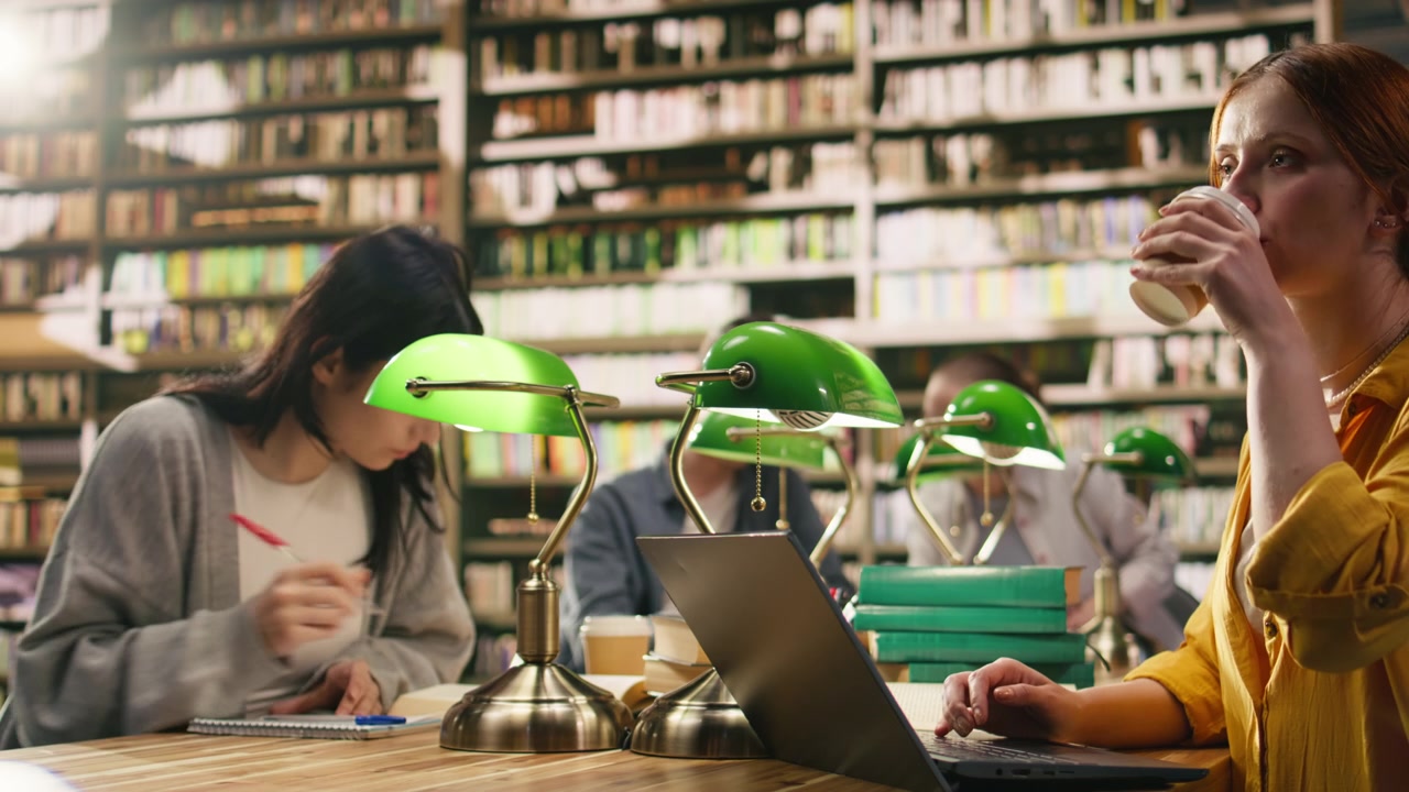 Giovane adulto che beve caffè e digita al portatile in una biblioteca universitaria
