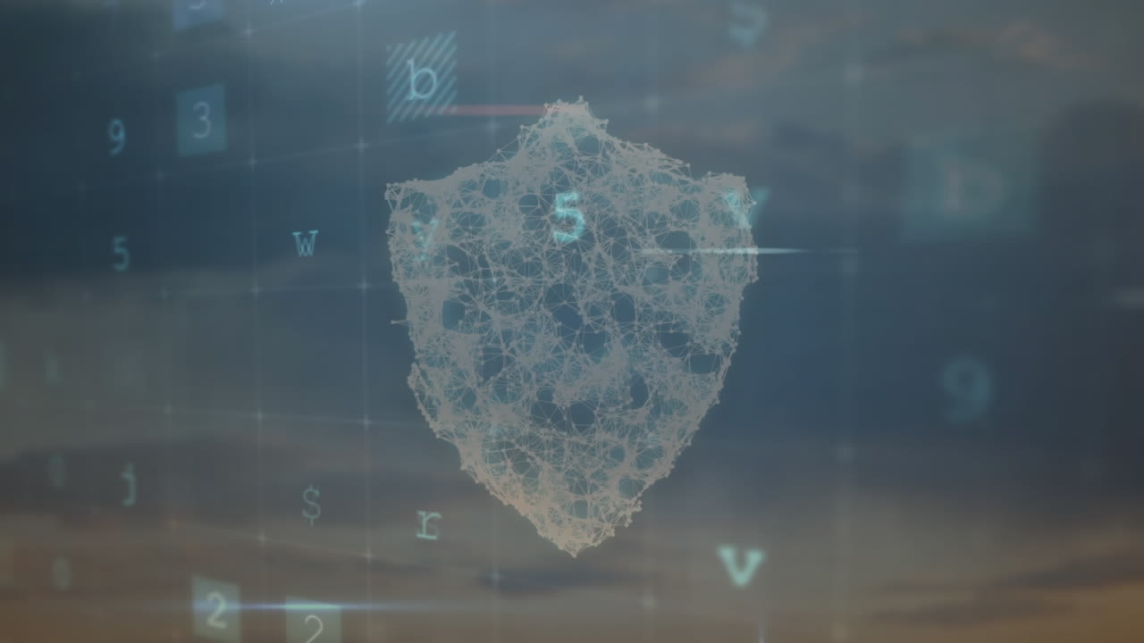 animación del procesamiento de datos de seguridad cibernética e íconos contra el cielo al atardecer.