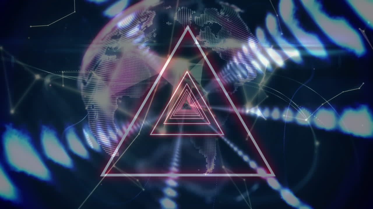 animación de globo, triángulos de neón con filas de luces brillantes y red de conexiones