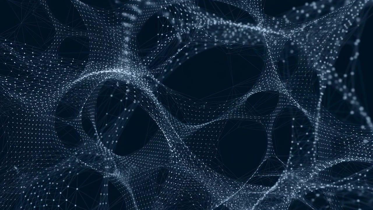 Dark Digital Mesh Of Dots Forming Fluid Network, Flowing Strands Of Point Nodes Create Structural Grid