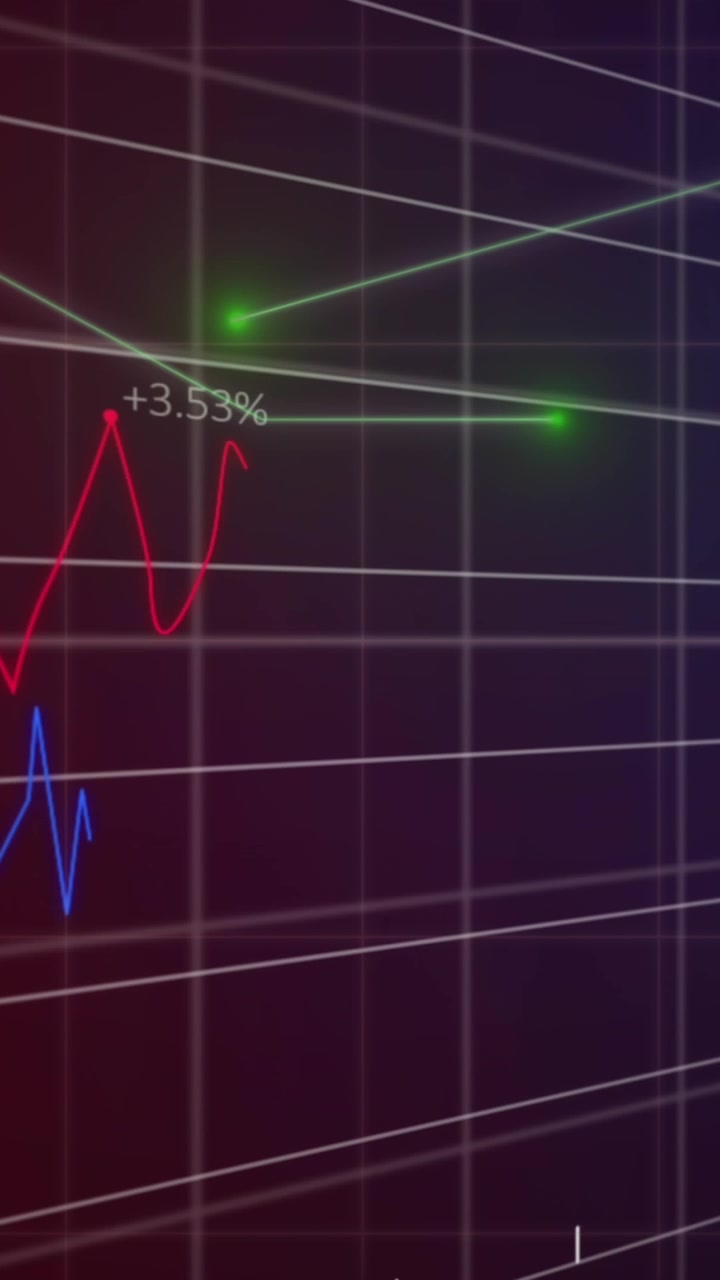Animation of grid pattern over moving lines and multiple graphs with numbers on black background