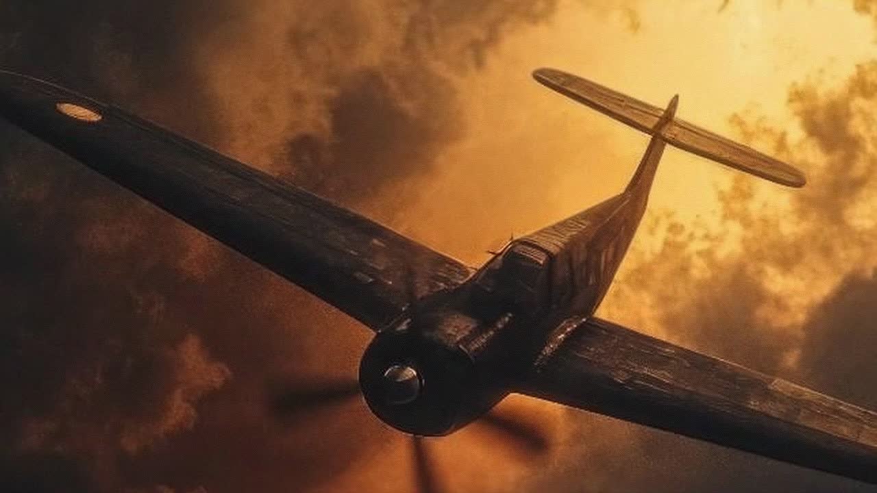 Dramatic aerial video shot of a vintage aircraft against a fiery sunset sky, captured from a low