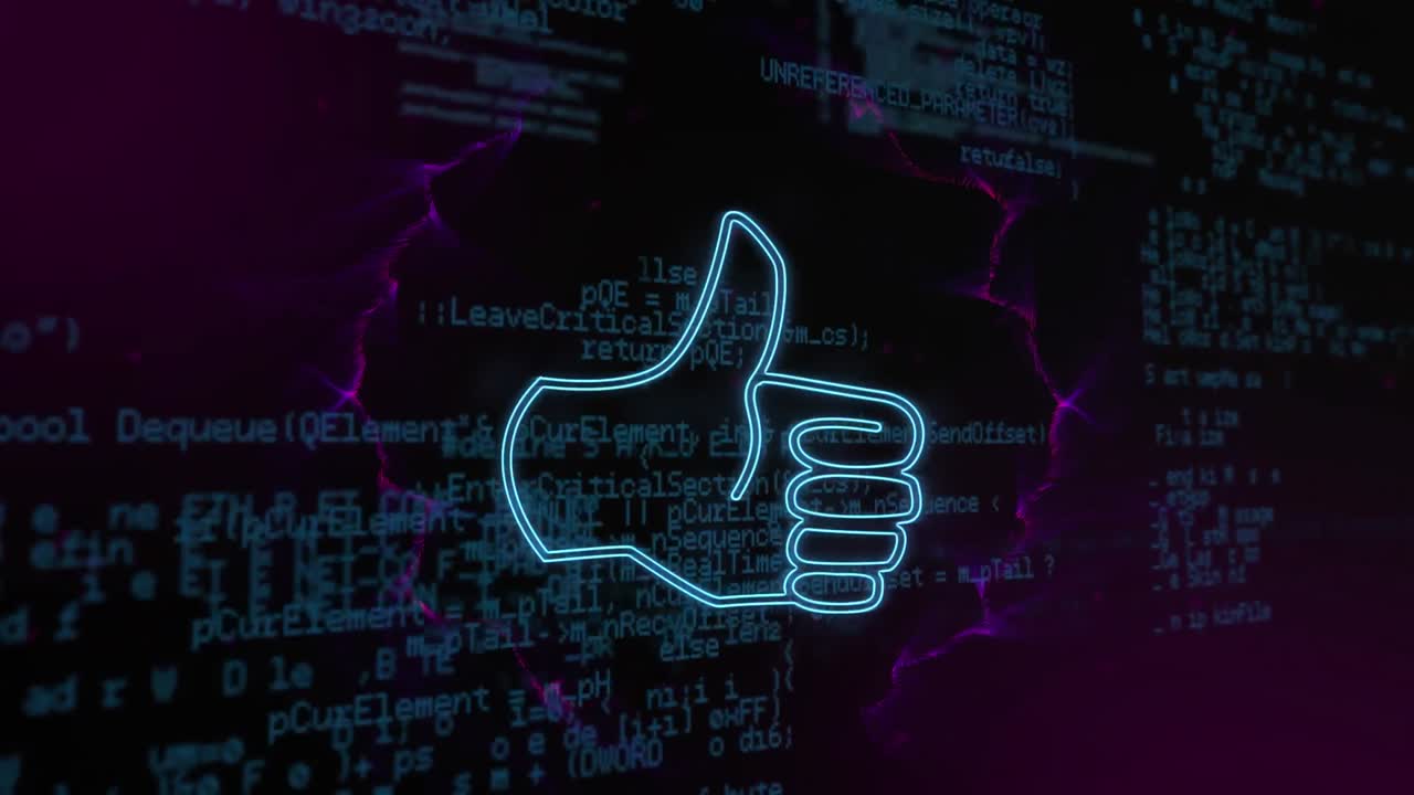 Animation of like icon over data processing on black background