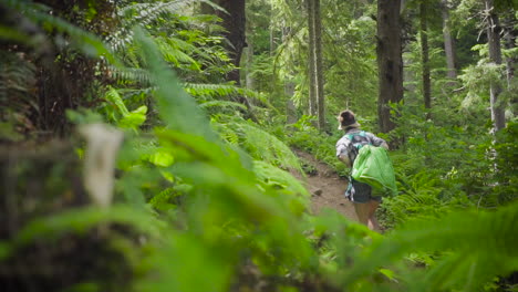 young woman walks further down trail camera pans from her to fern bush