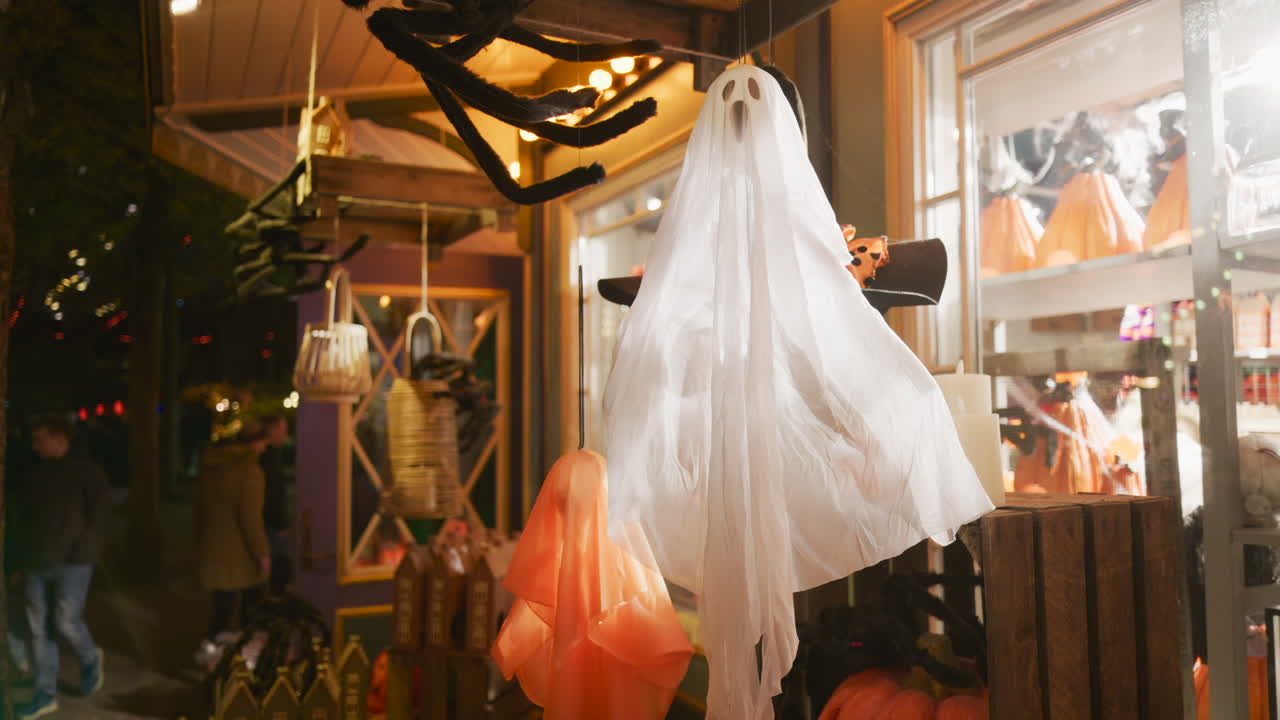 Halloween decorations in the Tivoli Gardens amusement park in Copenhagen, Denmark at night