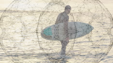 Surfer wading in calm ocean at sunset, with animated tech network nodes connecting over water