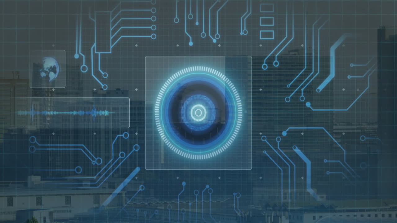 Futuristic concentric HUD interface emerging over city skyline, linking circuit nodes, globe icon
