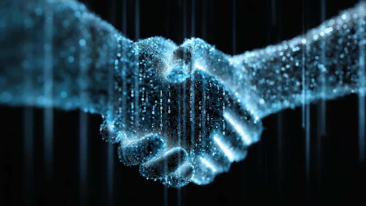 Two abstract hands made of glowing particles forming a handshake, symbolizing a secure digital business deal, technology agreement, or successful partnership in the virtual world of cyberspace