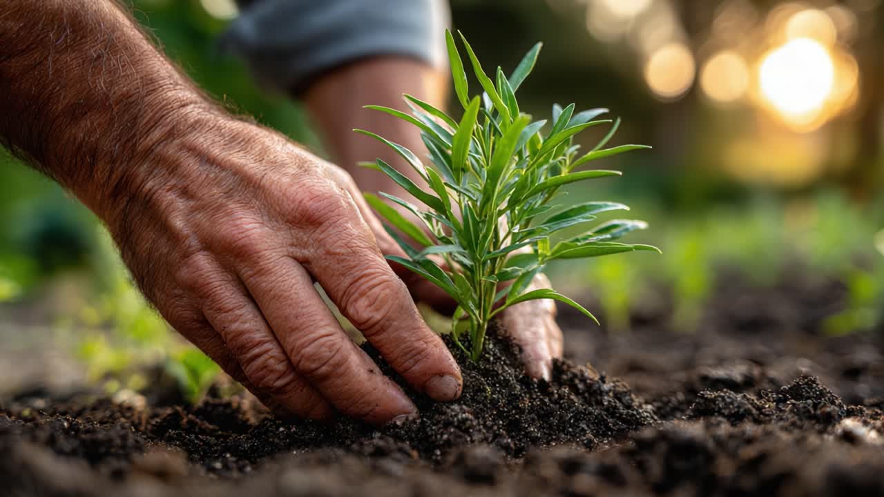 Nurturing Growth: A Gardener's Touch as a Hand Plants a Young Herb into Fertile Soil, Symbolizing New Beginnings in Nature's Cycle