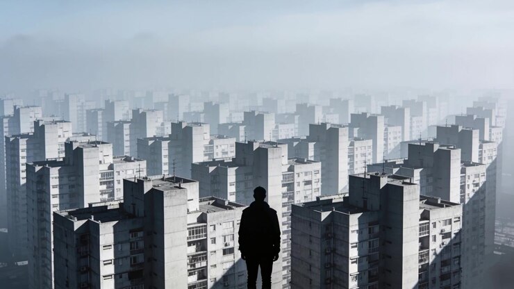 Uomo in silhouette in piedi con un cappotto scuro che osserva i grattacieli dal bordo del tetto, con la luce del sole che taglia la nebbia.