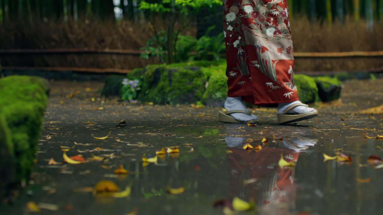 Woman in Kimono Walking Through a Japanese Garden in the Rain