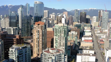 rising aerial view of downtown vancouver revealing the scenic north shore mountains