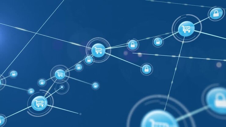 Animazione di una rete di connessioni con icone su scie luminose su uno sfondo blu