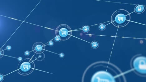 animation of network of connections with icons over light trails on blue background