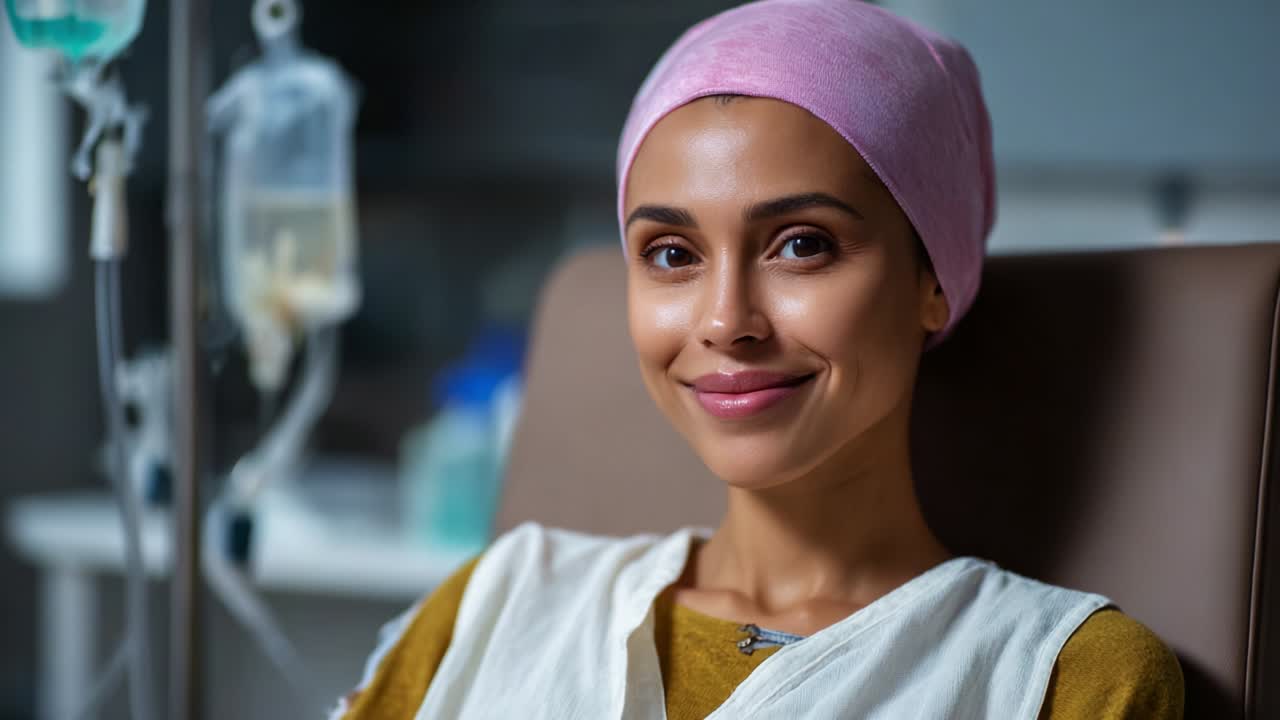 A young woman with a warm smile exudes strength and resilience while undergoing treatment in a modern medical facility, showcasing hope and determination despite her health challenges