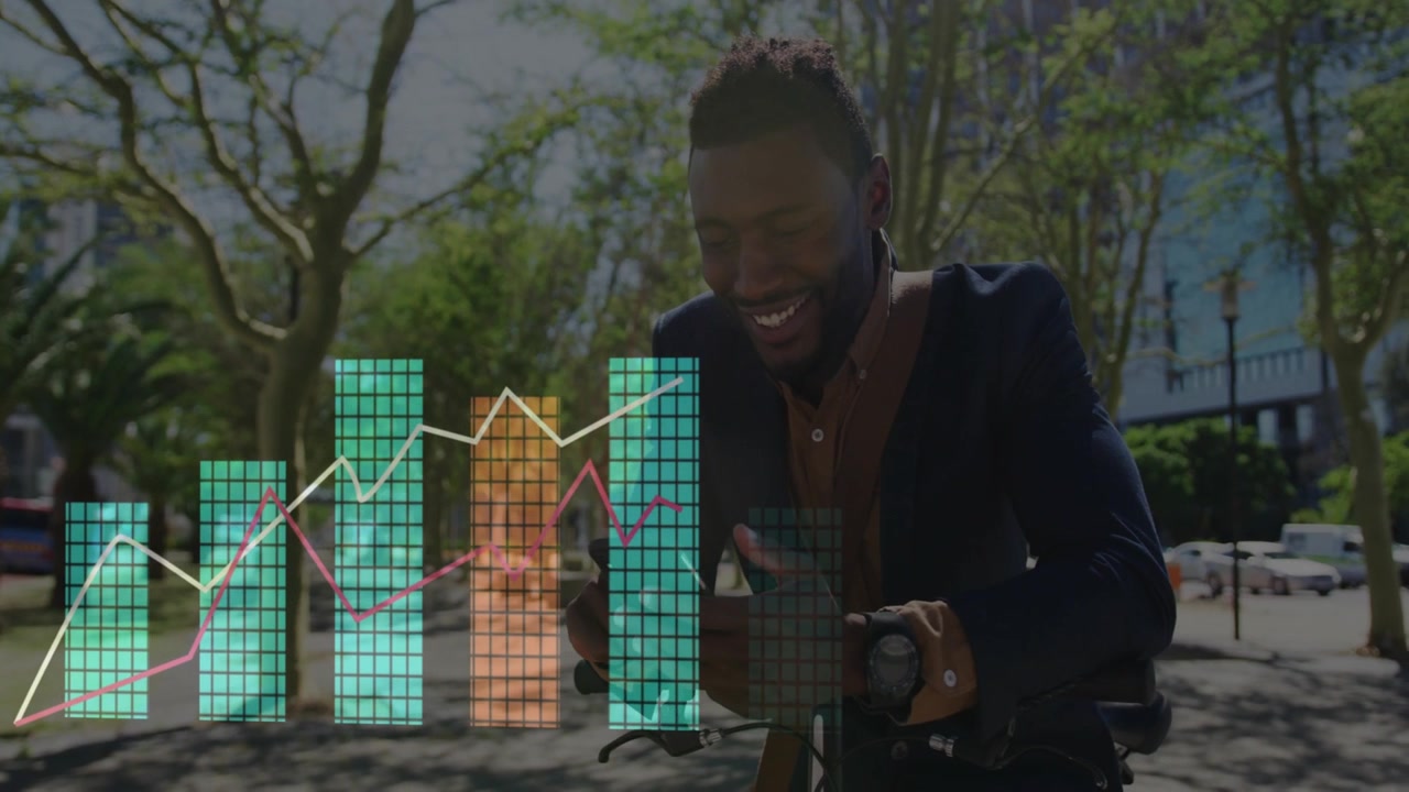 Man leaning on bike tapping phone, checking finance data while charts rising and filling frame