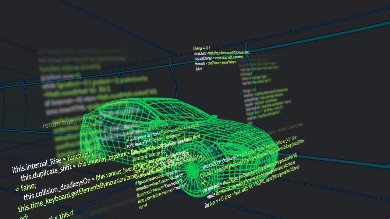 Code panels appearing from left, sliding across neon-green wireframe car, layering and showing demo