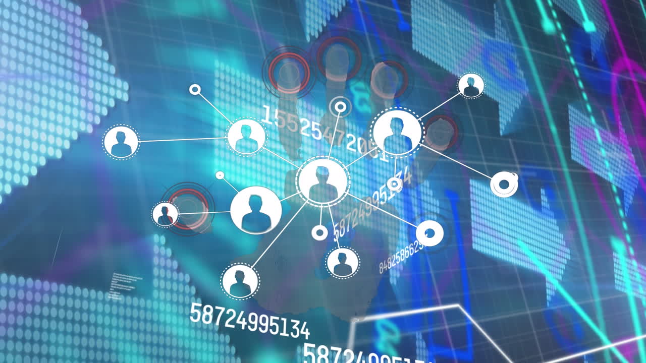 Animation of network of connections with user icons over blue background with arrows