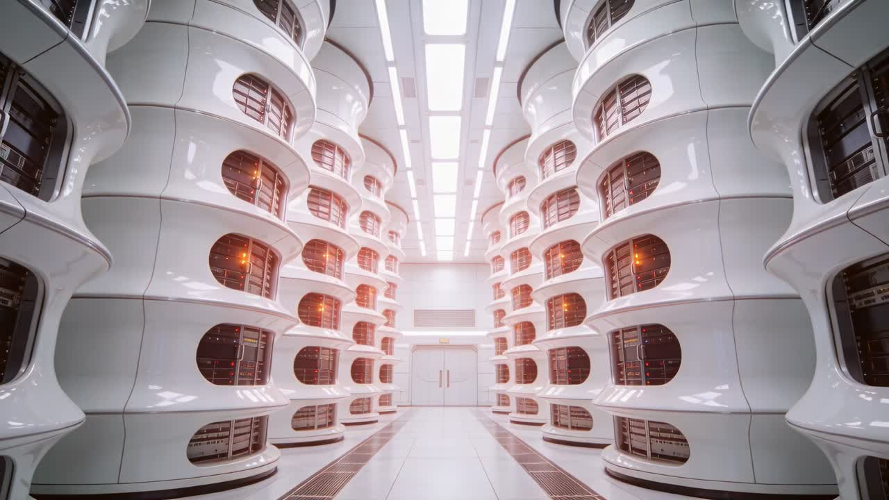 Serverpods centrerer, mens belysningen skifter fra varm til kold, kamera bevæger sig fremad og viser lysdioder