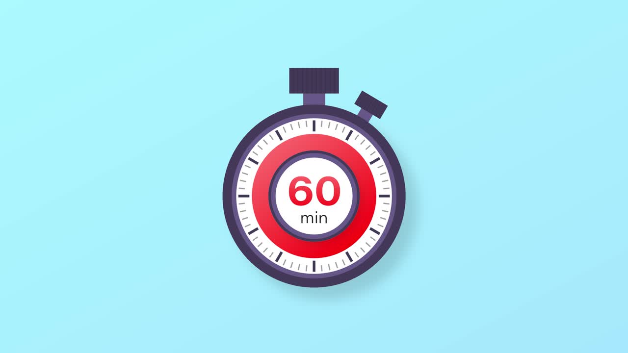 The 60 minutes timer. Stopwatch icon in flat style. Motion graphics.