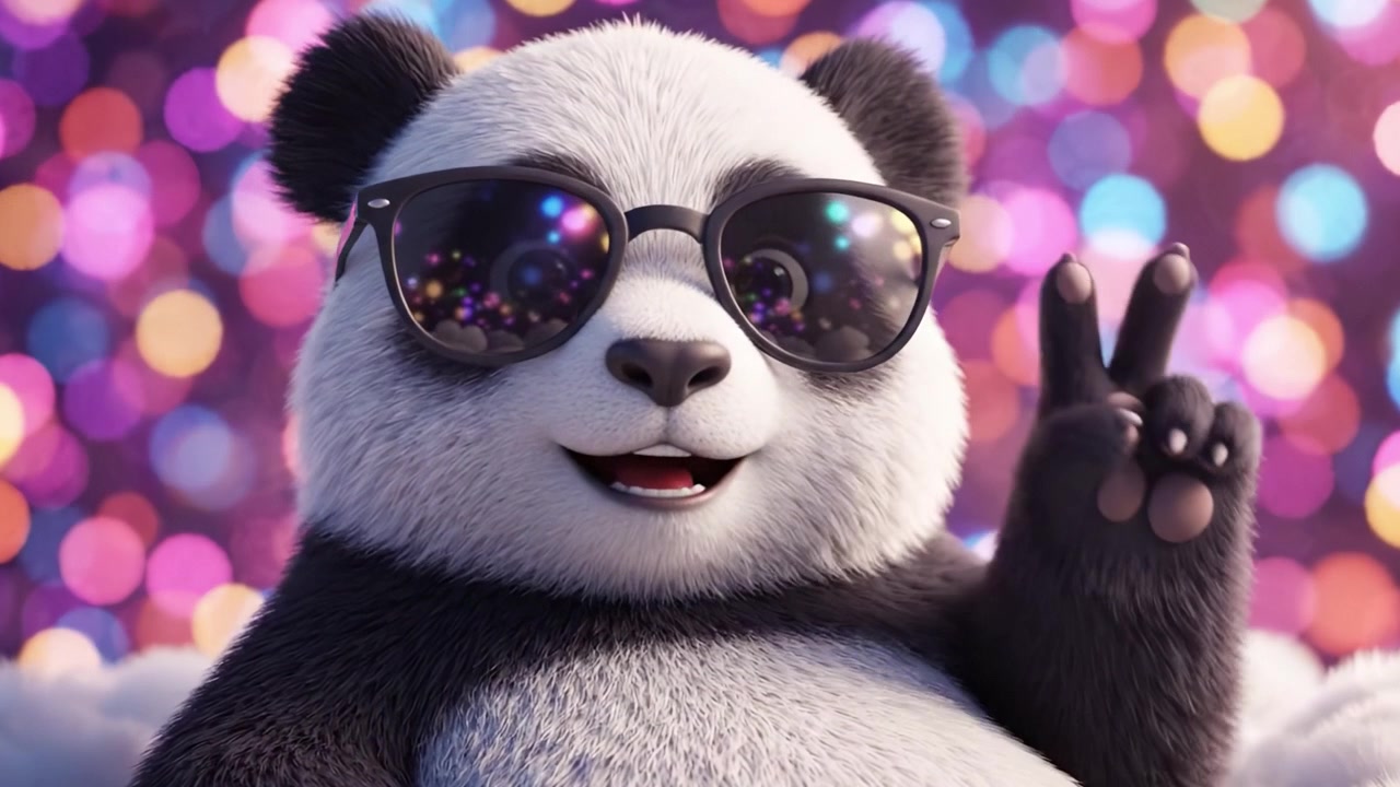 Panda allegro con occhiali da sole su uno sfondo bokeh vibrante, che crea un'atmosfera giocosa e stravagante catturata in due fotogrammi