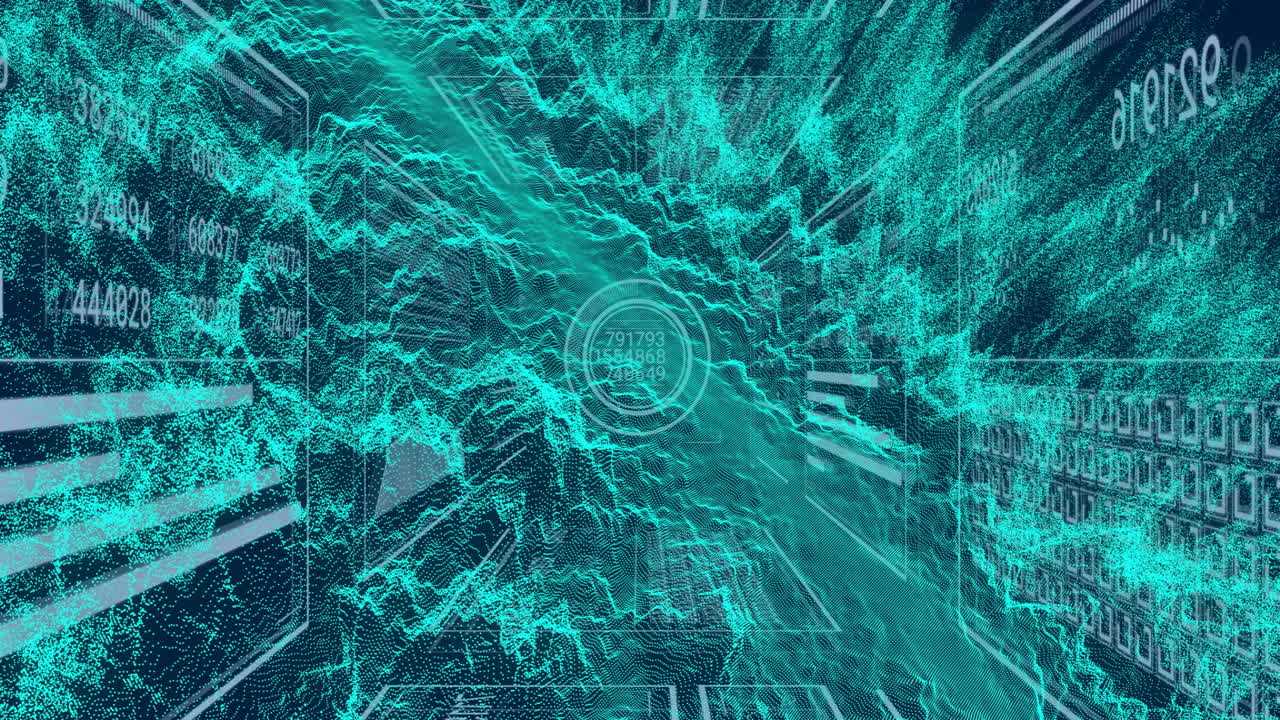 Animation of digital data streams and numbers flowing in virtual space