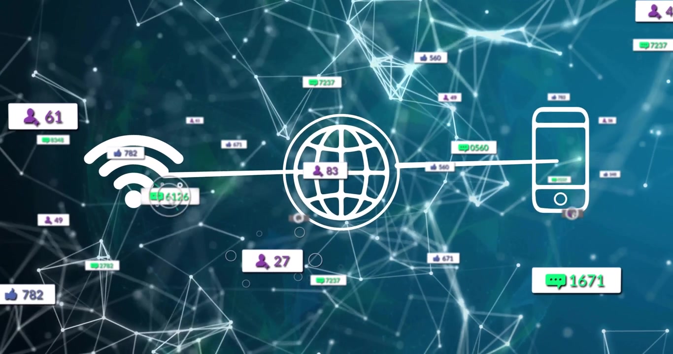 Et WiFi-ikon vises, og flydende tællere begynder at kredse om ikoner, mens antallet stiger og falmer for at vise dataflow.