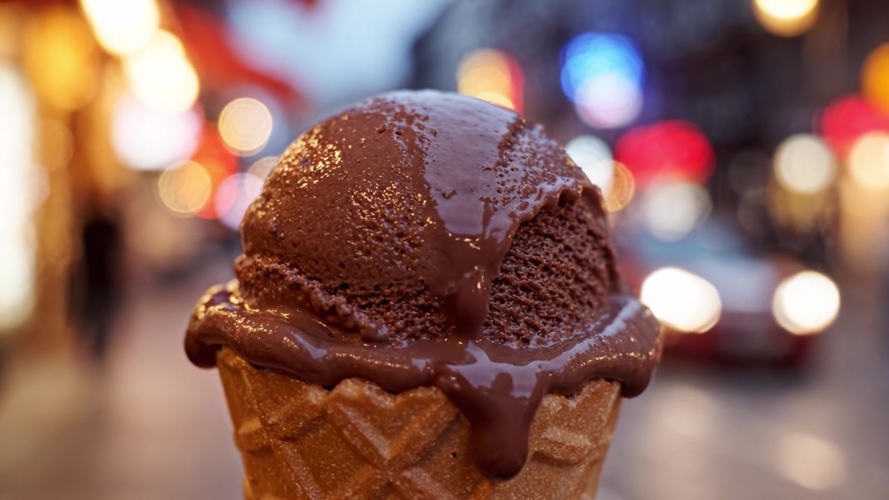 Geniet van een heerlijk chocolade-ijshoorntje met gesmolten chocoladesaus in een levendige stedelijke omgeving, perfect voor een zoete traktatie op een warme avond.