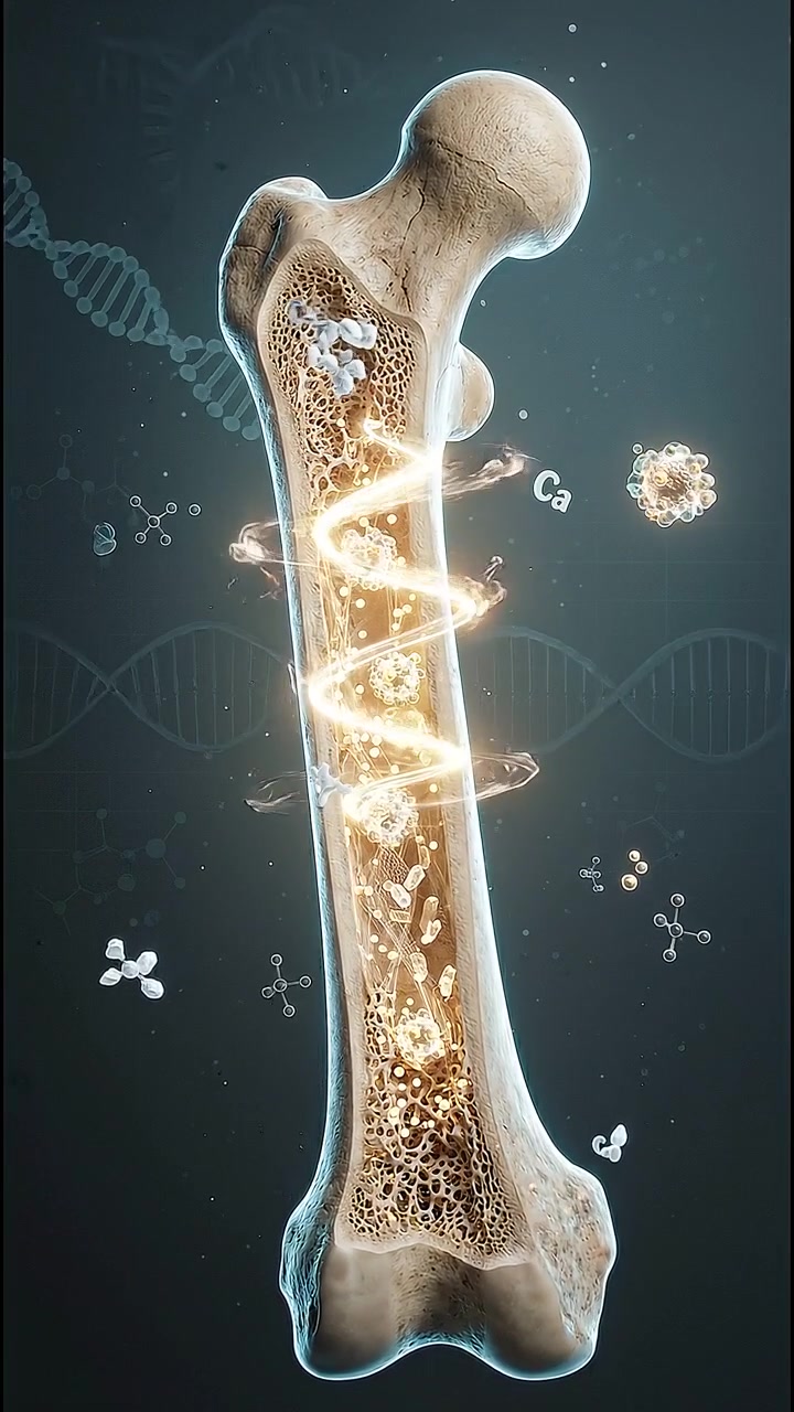 Animazione medica 3D della struttura ossea del femore umano e dell'assorbimento del calcio