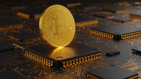 golden bitcoin surrounded by circuitry: a close-up view of cryptocurrency’s role in modern technology and finance