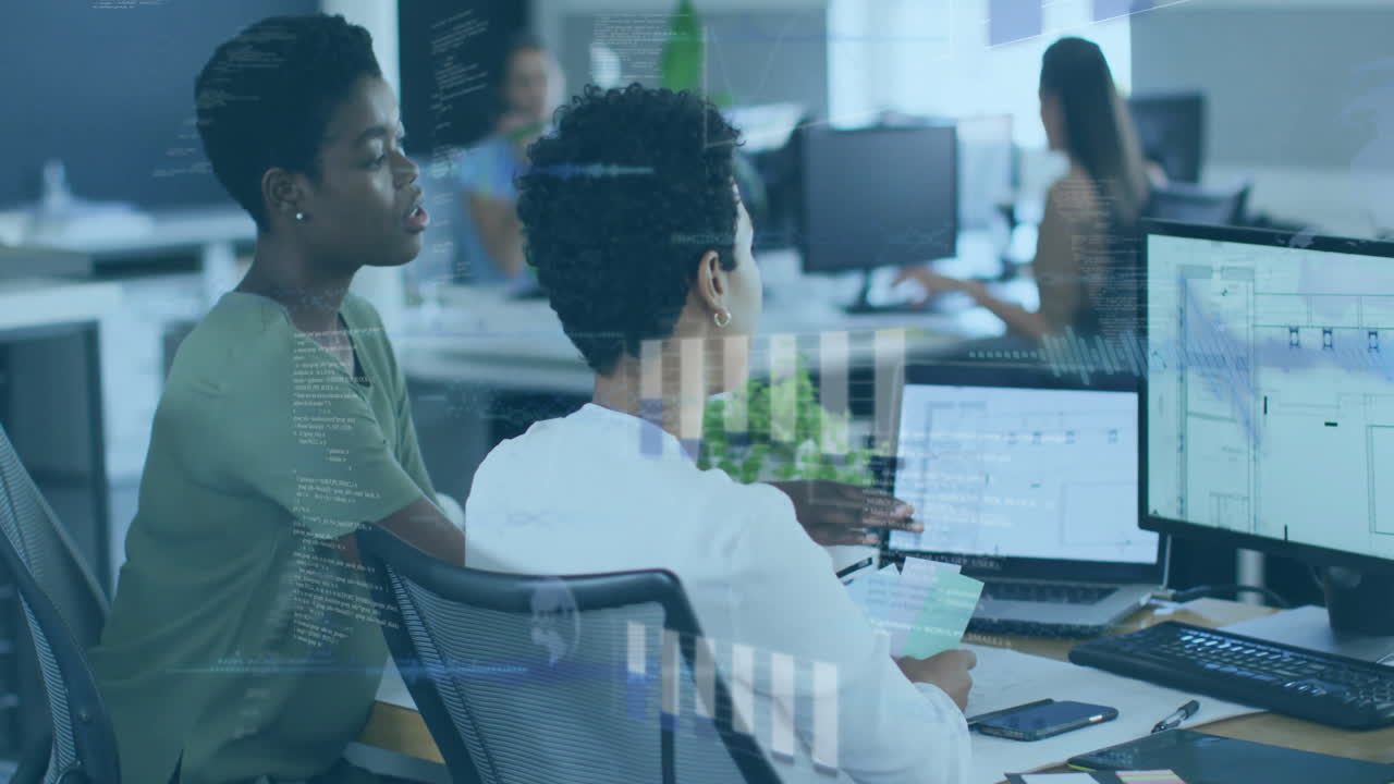 Animation of financial data processing over diverse business people in office