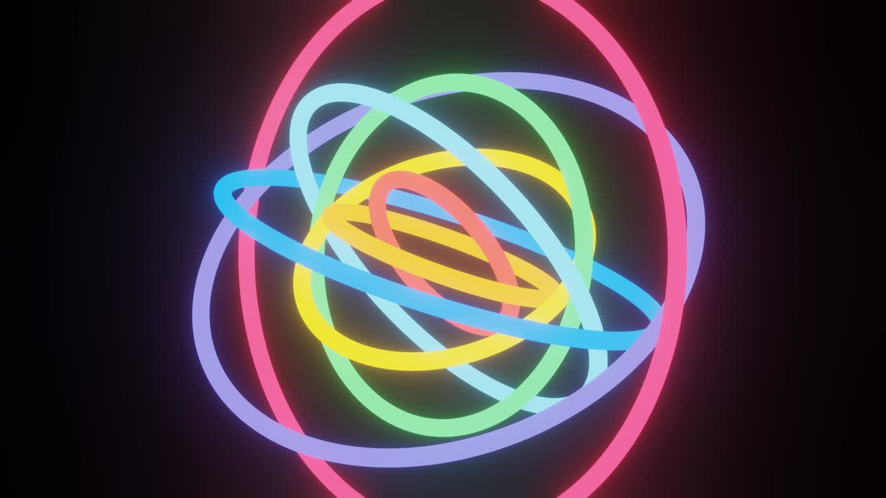 Rainbow neon rings on a black background. Seamless loop animated multicolor object