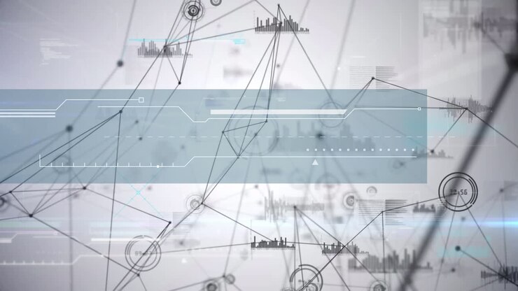 Animazione di elaborazione dati su schermo e rete di connessioni