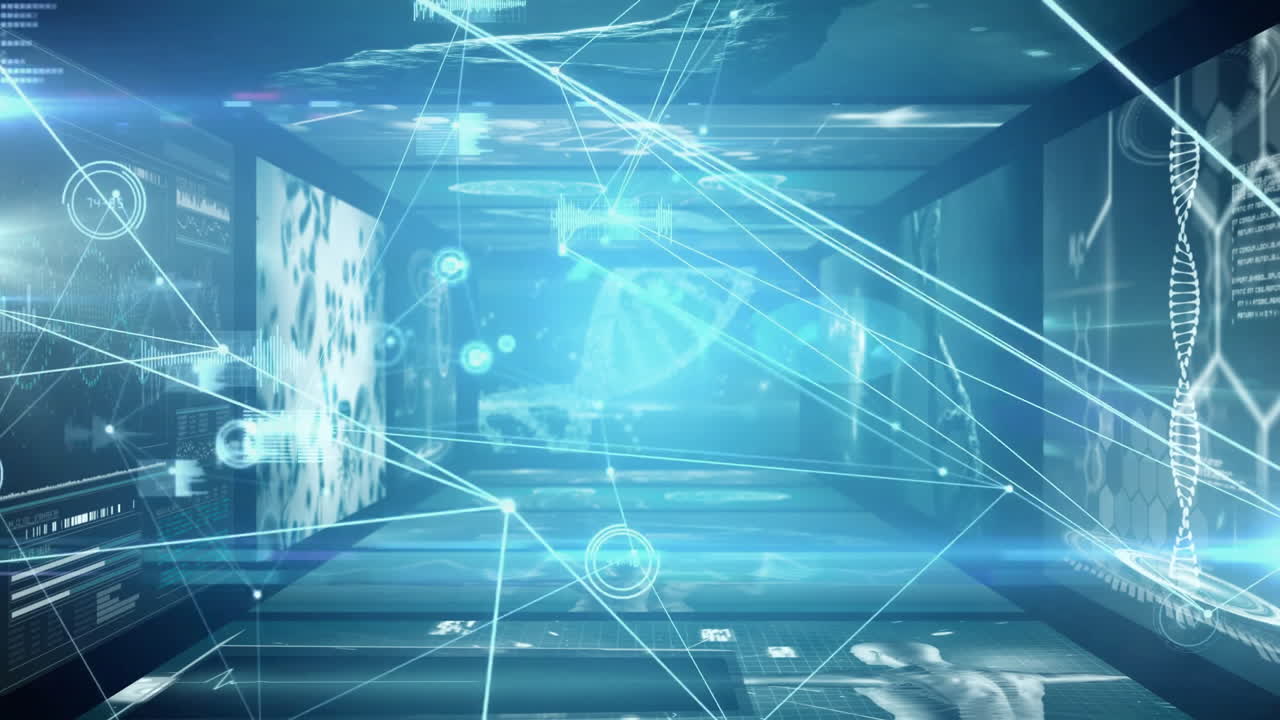 Animation of glowing lines and data interfaces in futuristic digital network