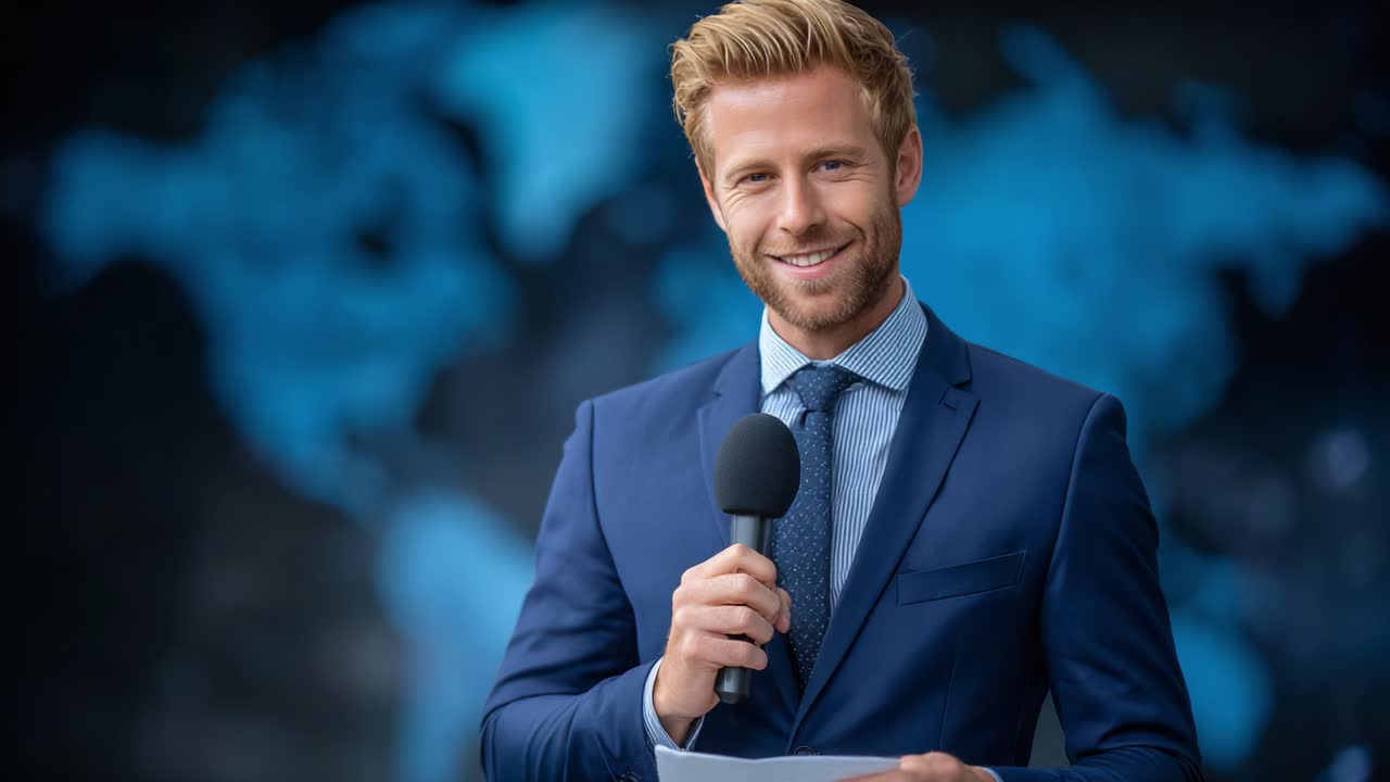 Confident News Reporter Delivering Current Updates on Global Events with Professional Demeanor, Standing Against a Stylish Background Featuring a World Map
