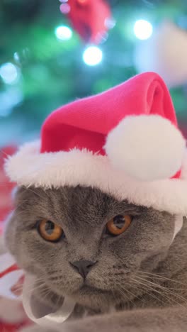 a cute gray cat with a red hat on his head sits on the background of a christmas tree and gifts a cute gray cat with a red hat on his head sits on the background of a christmas tree and gifts high quality footage