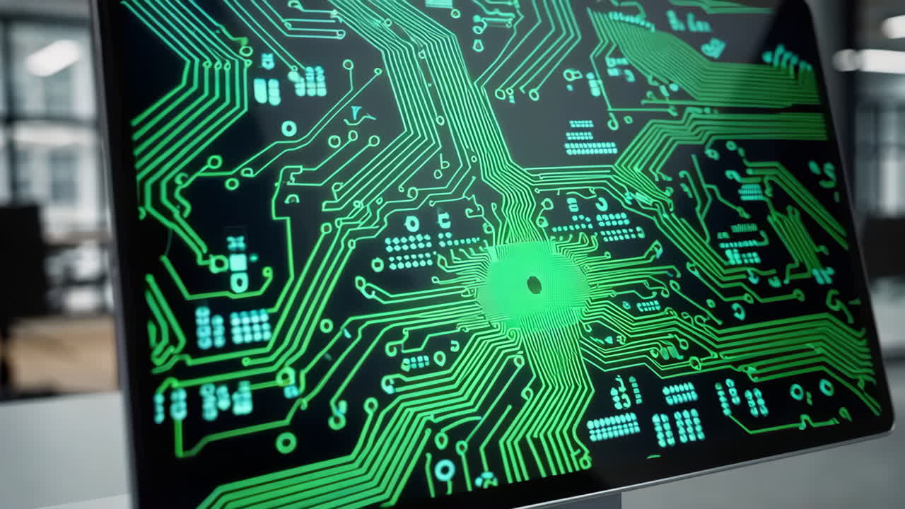 Circuit Board Display on a Tablet in Modern Office