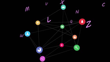 Animation-of-network-of-connections-over-letters-floating-on-black-background