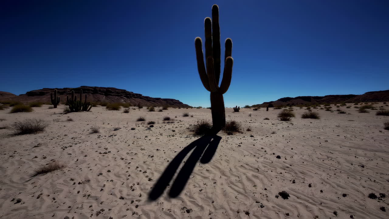 Desert Landscape with Lone Cactus Casting a Long Shadow