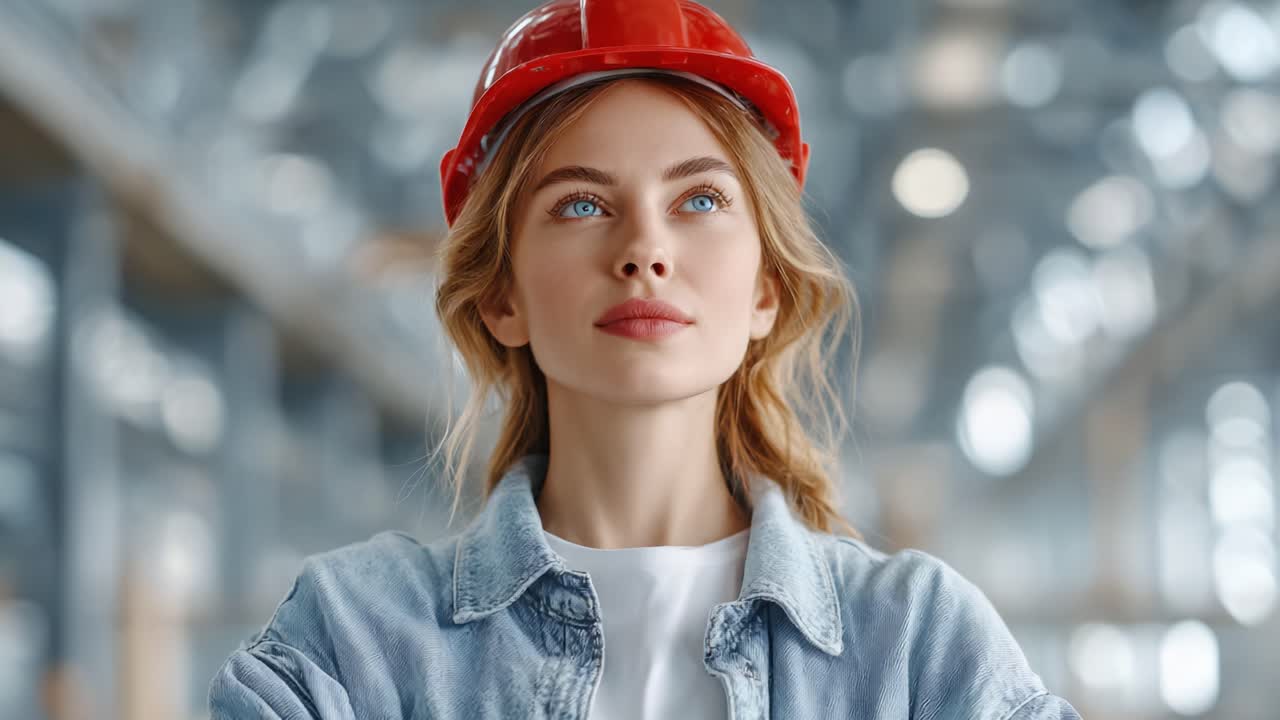 A determined woman in a red hard hat conveys confidence and strength, embodying the spirit of modern industry and leadership in construction or engineering environments