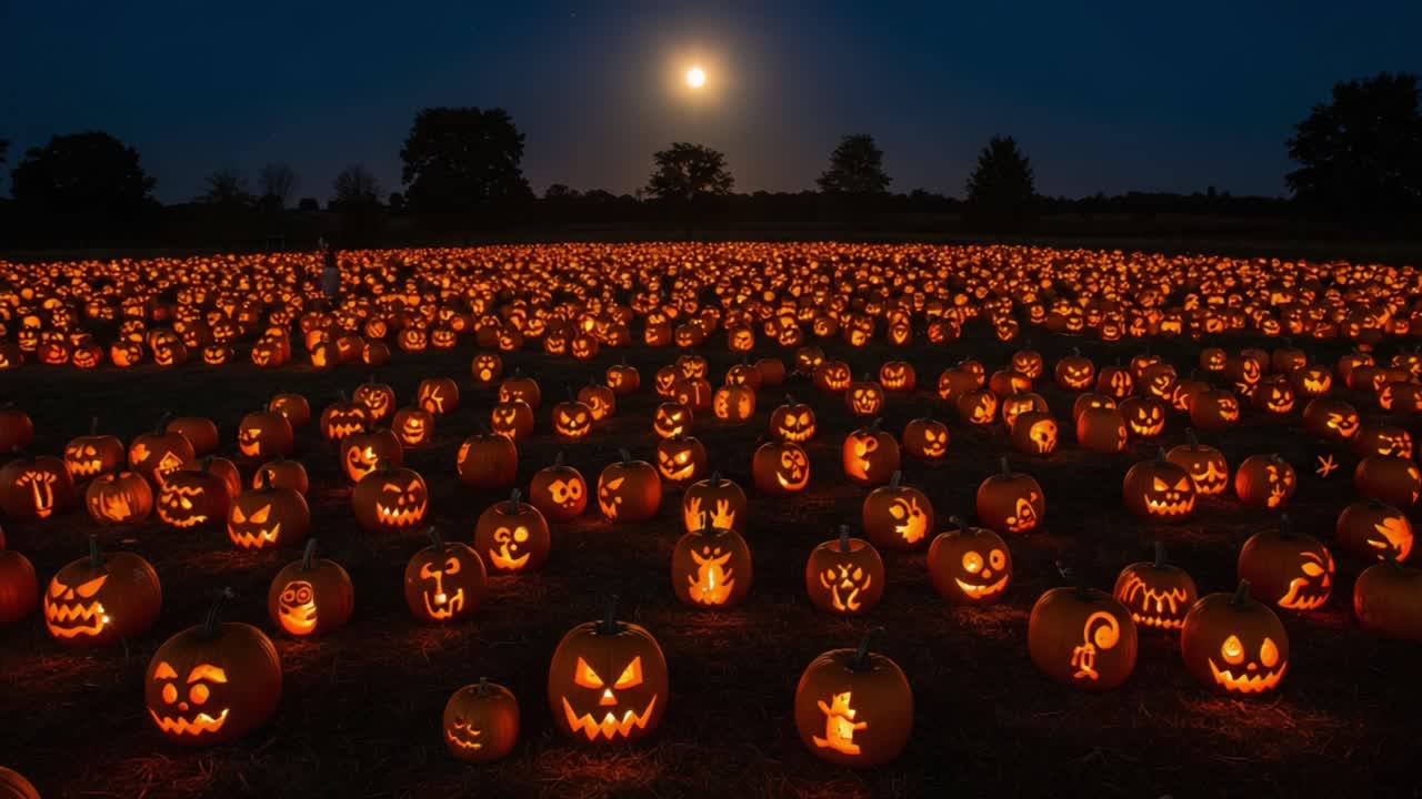 An Enchanting Night: A Spooky Illumination of Hundreds of Jack-o'-Lanterns Under a Full Moon, Creating a Magical Halloween Atmosphere in a Pumpkin Patch