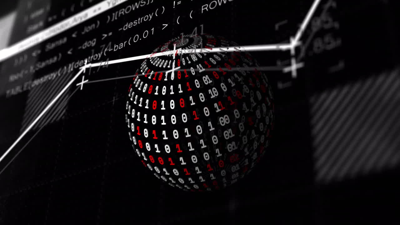 Binary code sphere and data processing animation over black background with graphs
