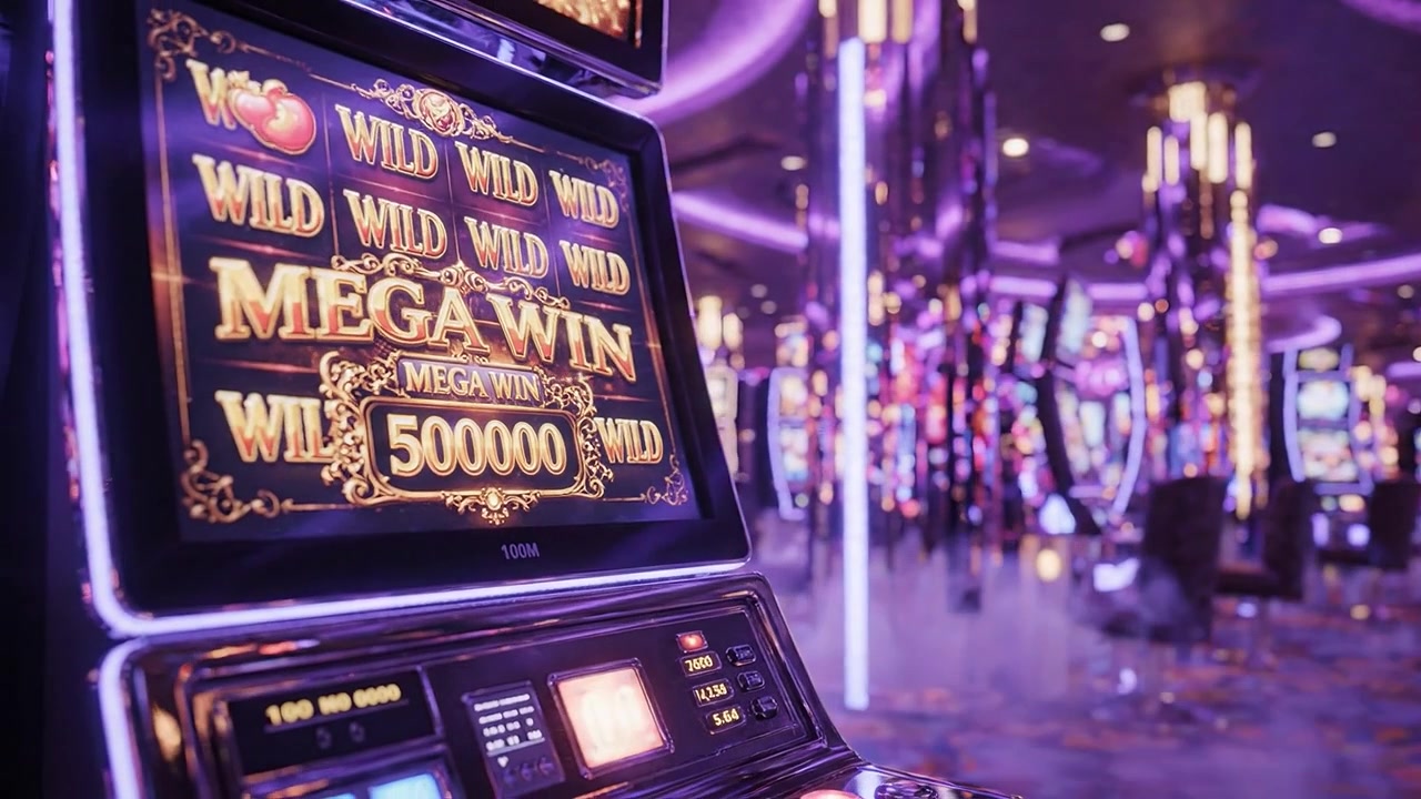Avvincente esperienza di gioco: una straordinaria esposizione di una slot machine vincente in un casinò vivace, che mostra luci brillanti e simboli colorati in azione.
