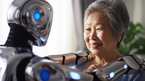 a heartwarming interaction between a friendly robot and an elderly woman, capturing a moment of joy and connection in a cozy living room setting