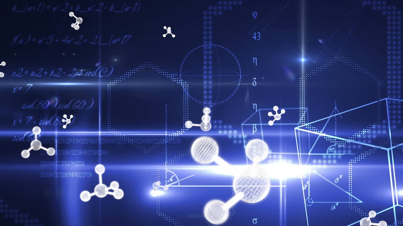 검은 바탕에 모양과 빛의 흔적이 있는 수학 방정식 위의 분자의 애니메이션